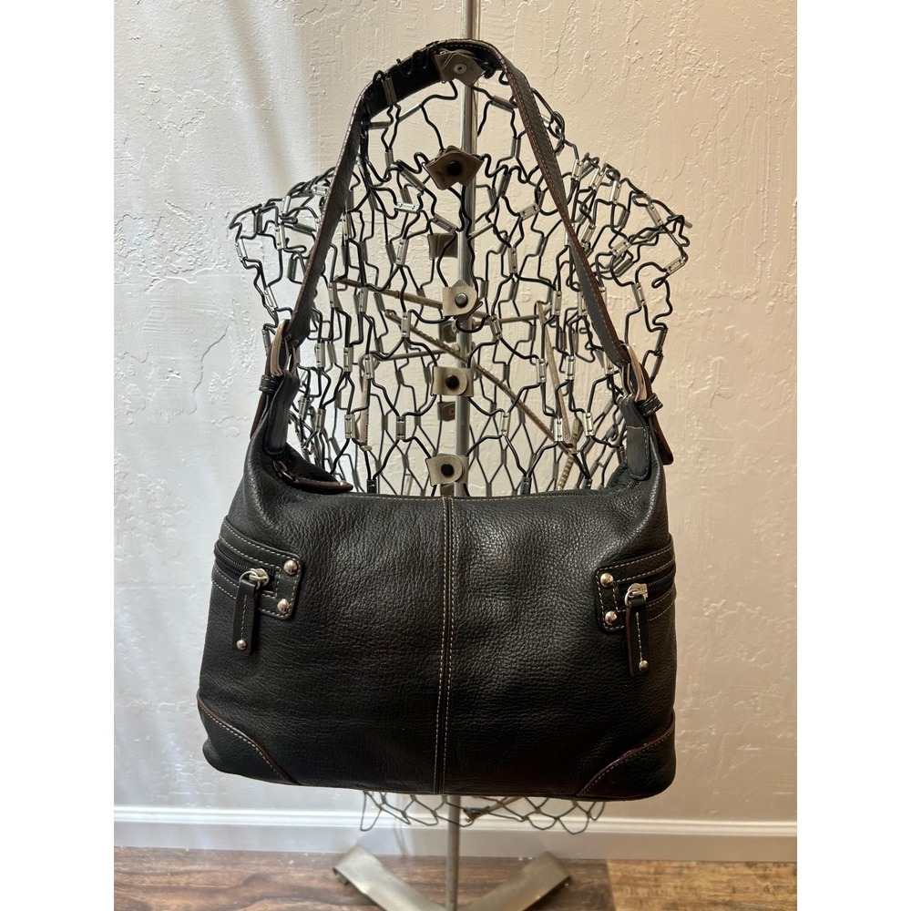 Tignanello Black Pebbled Leather Shoulder Bag Hobo Purse Paisley Lining Silver